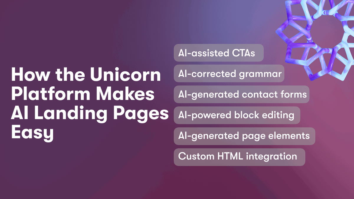 The Unicorn Platform landing page builder makes it easy to create an AI landing page in 2023. This innovative platform provides powerful tools to build high-converting pages.